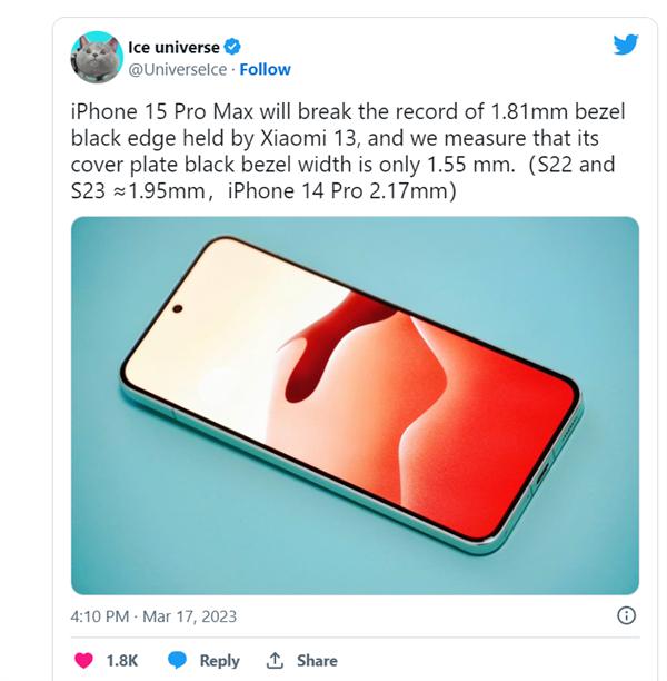 iPhone15ProMax将打破最薄边框纪录 下巴边框仅1.55 毫米(图1) iPhone15ProMax将打破最薄边框纪录 下巴边框仅1.55 毫米(图1)